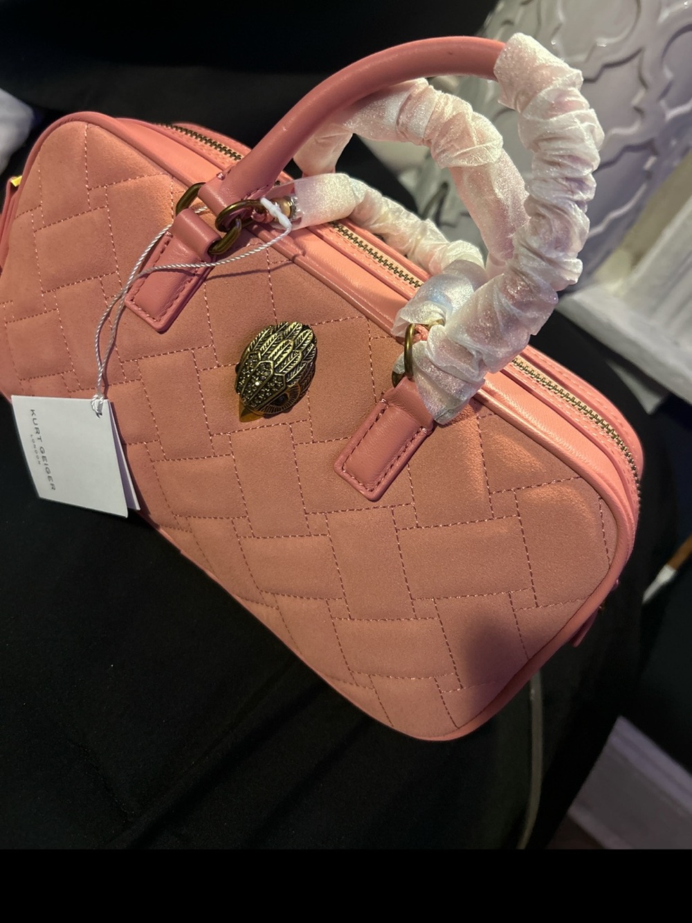 Kurt Geiger Coral Pink Quilted Satchel with Gold Emblem